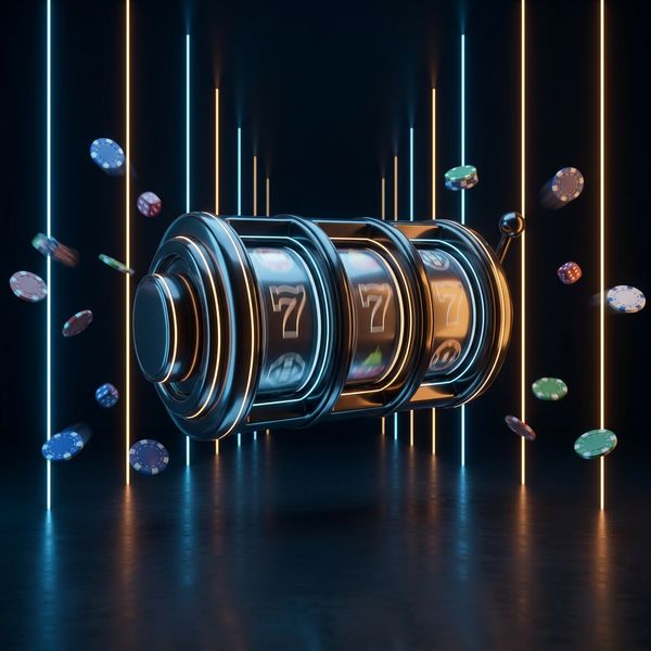 Glossy slot-reel drum floating in dark studio void