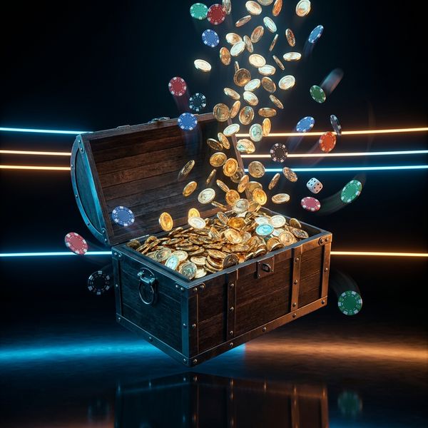 Ornate treasure case glowing amid floating gold coins