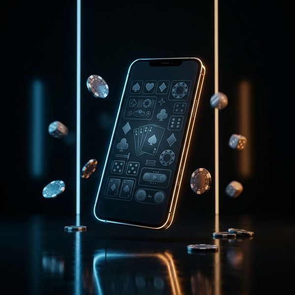 Sleek smartphone floating with casino chips in dark void
